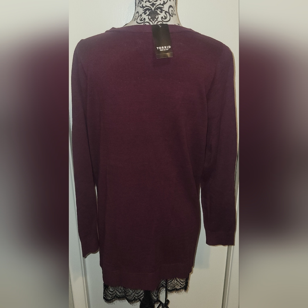 Torrid Long Sleeve Lace Trim V-Neck Tunic Sweater Sz 1/1X New With Tag - Picture 4 of 11